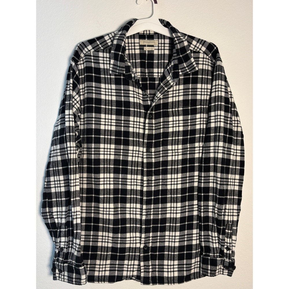 Standard Cloth Mens XL Flannel Shirt Black White Plaid Long Sleeve Button Down
